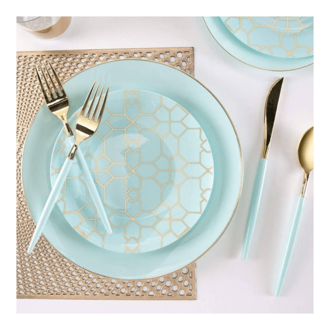 Aqua blue dinnerware set with gold geometric pattern for modern celebration from Parte Haus party supply store in Bethesda Maryland