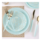 Aqua blue dinnerware set with gold geometric pattern for modern celebration from Parte Haus party supply store in Bethesda Maryland