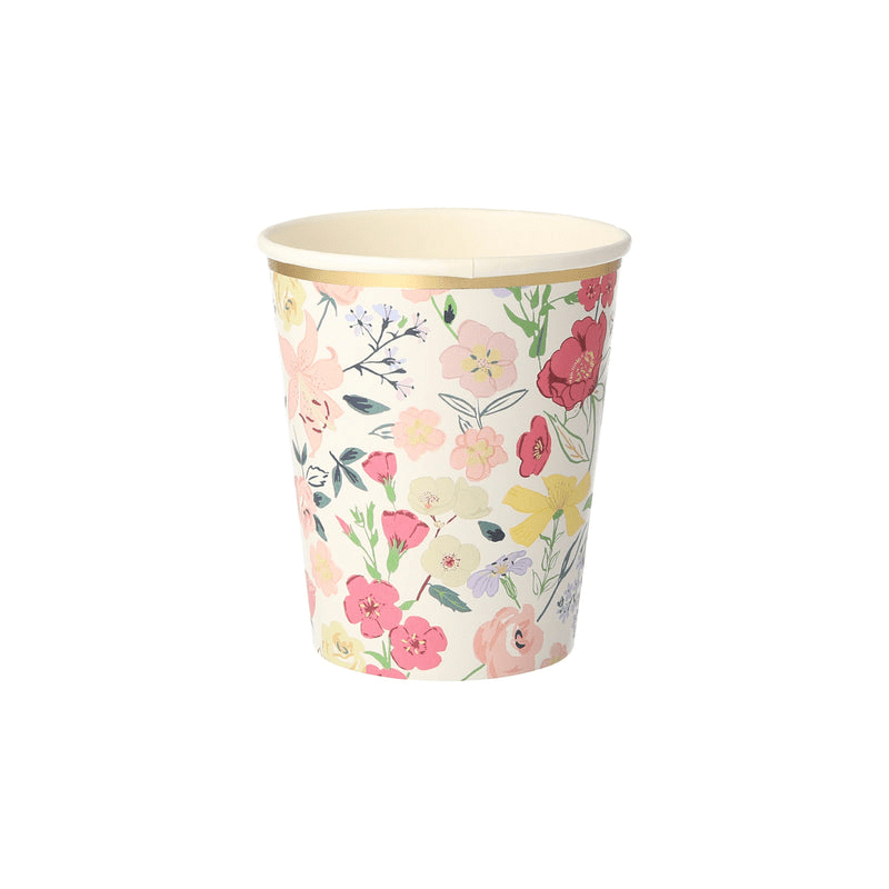 Multicolor floral paper cup with gold rim spring garden theme from Parte Haus party supply store in Bethesda Maryland