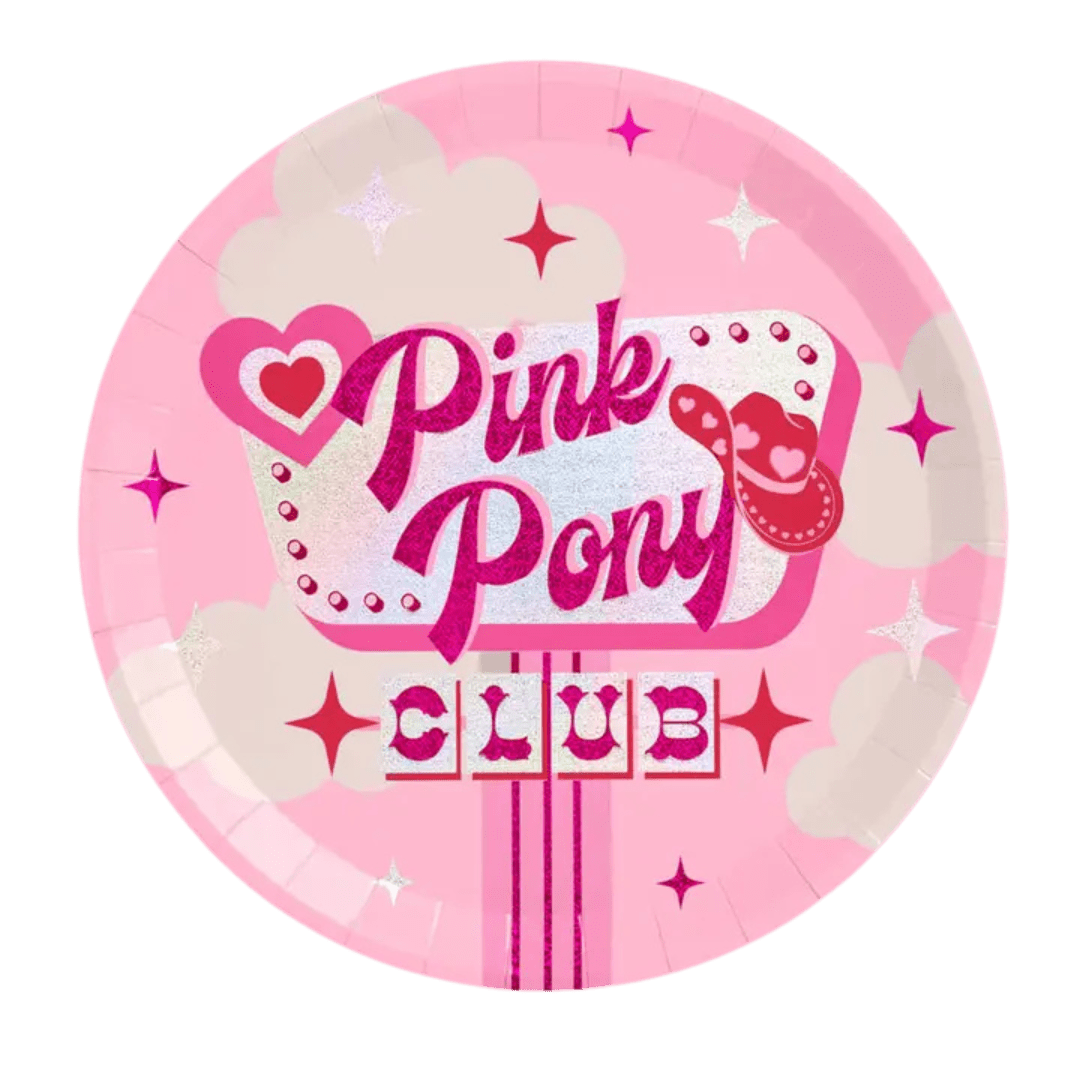 Pink Pink Pony Club paper plate with heart and cowboy hat design western theme from Parte Haus party supply store in Bethesda Maryland