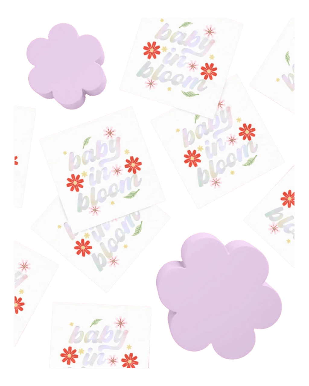 Lavender flower shaped plates and baby in bloom napkins spring baby shower set from Parte Haus party supply store in Bethesda MD.