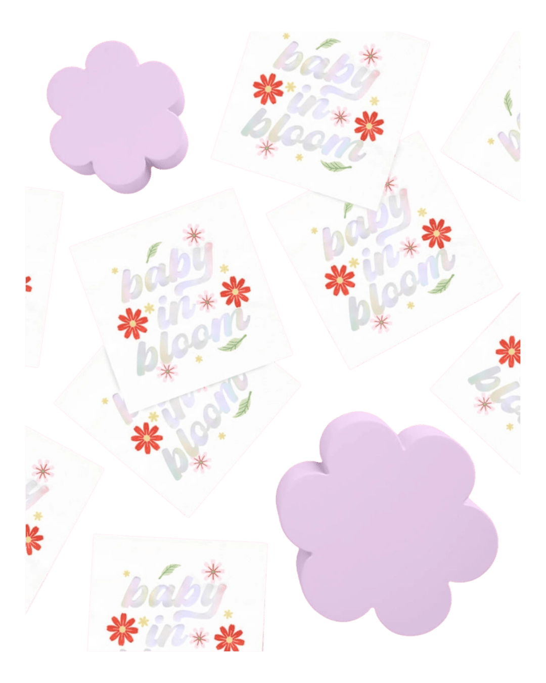 Lavender flower shaped plates and baby in bloom napkins spring baby shower set from Parte Haus party supply store in Bethesda MD.