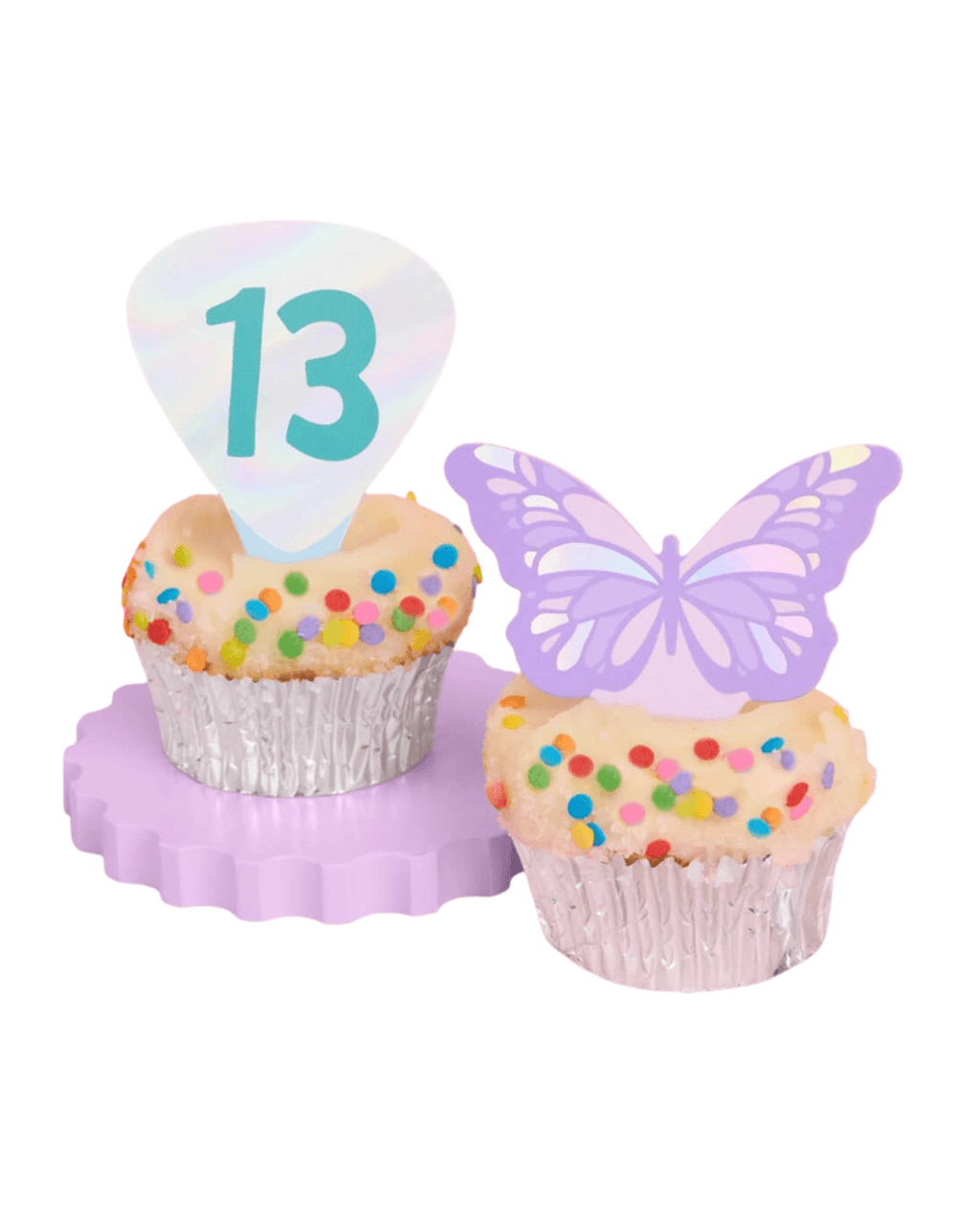 Iridescent and pastel cupcake toppers with number 13 and butterfly for birthday Parte Haus party supply store in Bethesda MD