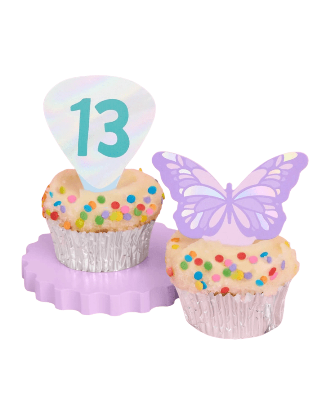 Iridescent and pastel cupcake toppers with number 13 and butterfly for birthday Parte Haus party supply store in Bethesda MD