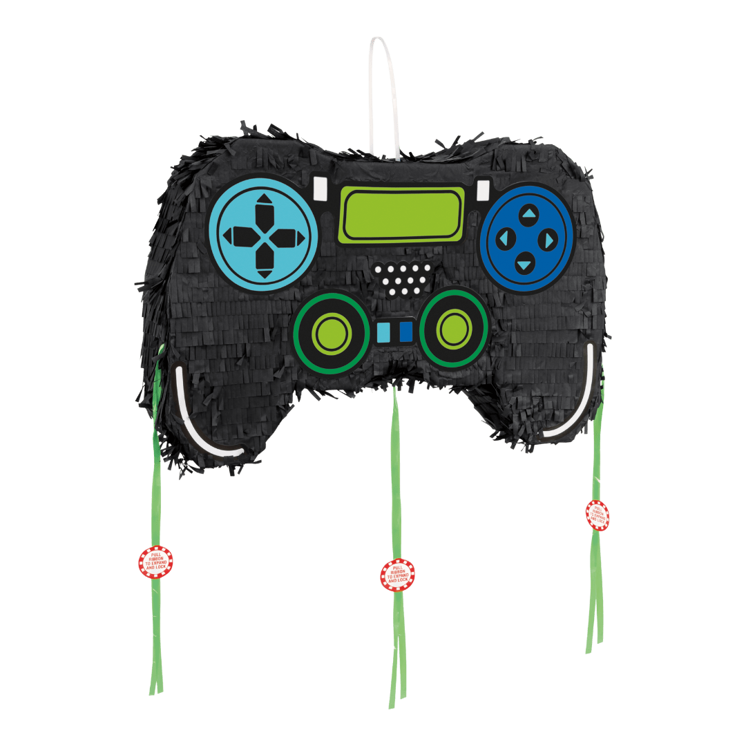 Black game controller piñata with blue and green accents gaming birthday from Parte Haus party supply store in Bethesda MD.