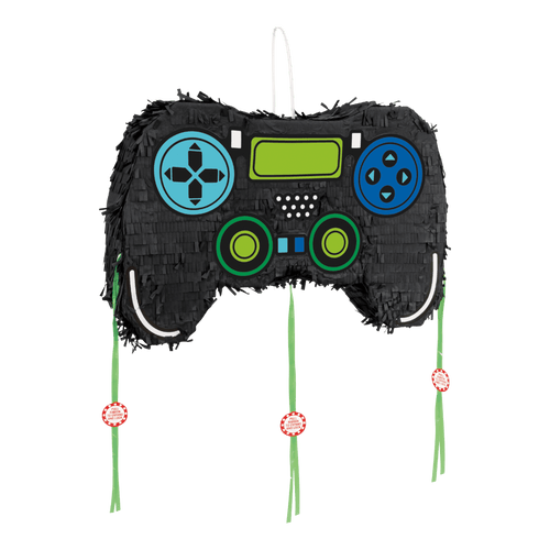 Black game controller piñata with blue and green accents gaming birthday from Parte Haus party supply store in Bethesda MD.