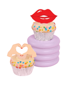 Red and peach cupcake toppers with lips and hands heart shape on colorful cupcakes birthday theme from Parte Haus party supply store in Bethesda Maryland