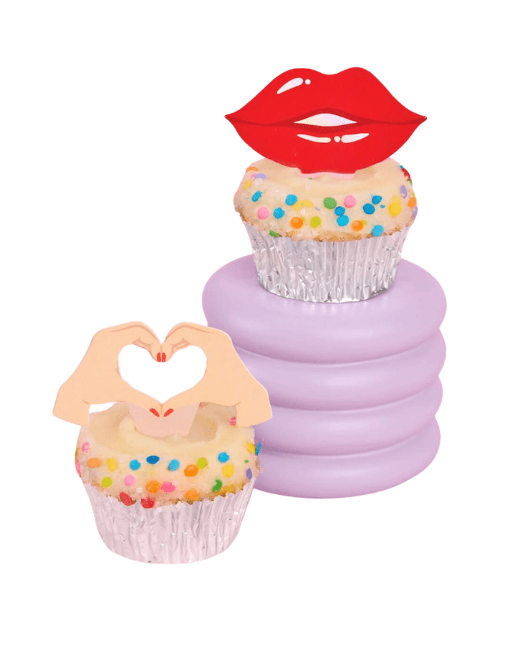 Red and peach cupcake toppers with lips and hands heart shape on colorful cupcakes birthday theme from Parte Haus party supply store in Bethesda Maryland