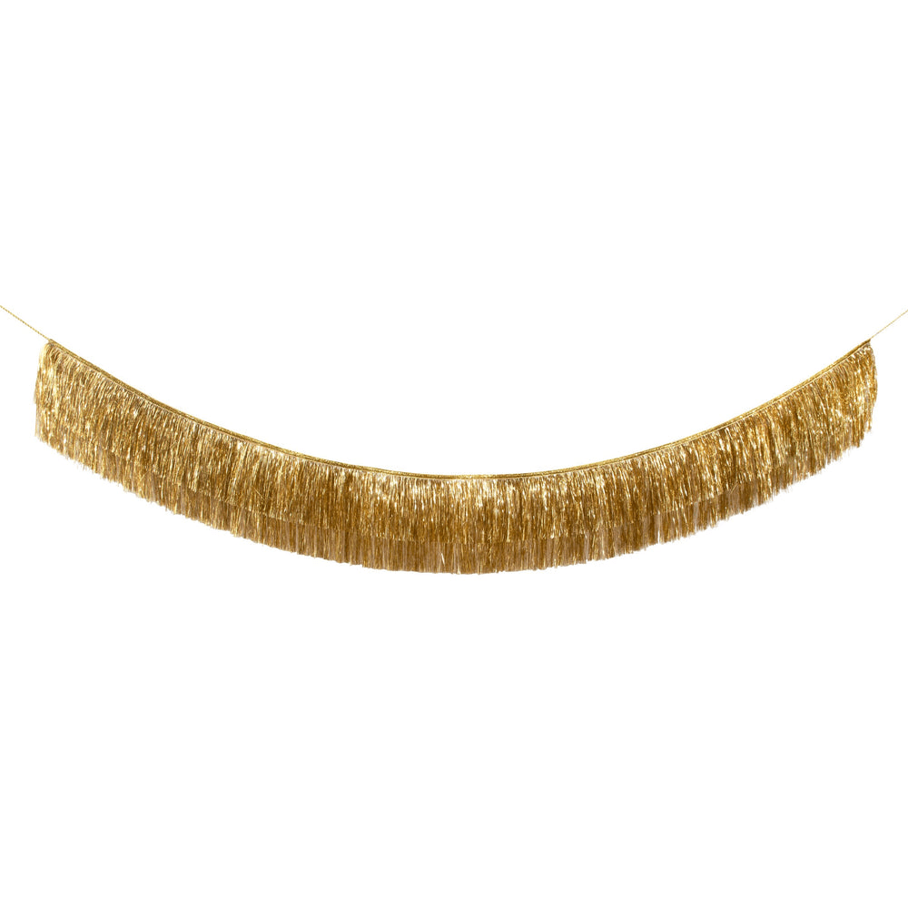 Gold fringe garland shiny hanging banner for celebration from Parte Haus party supply store in Bethesda Maryland