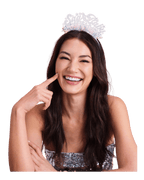 Silver glittery tiara with script text worn by smiling woman for New Year from Parte Haus party supply store in Bethesda MD.