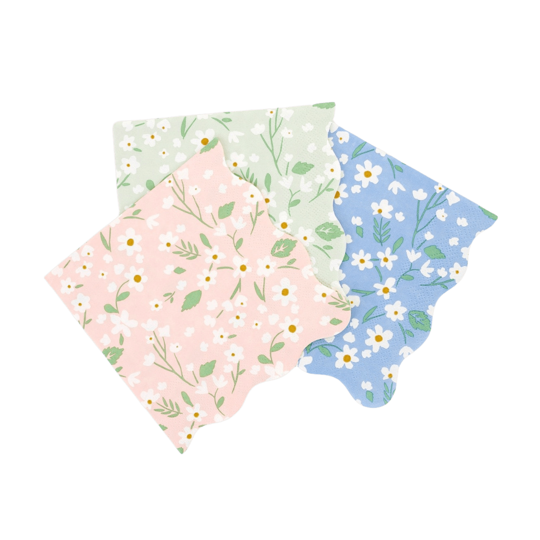Pastel floral napkins scalloped edges for spring celebration from Parte Haus party supply store in Bethesda Maryland