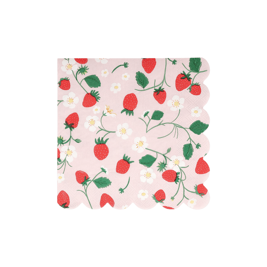 Pink strawberry floral napkin with scalloped edge spring picnic from Parte Haus party supply store in Bethesda Maryland