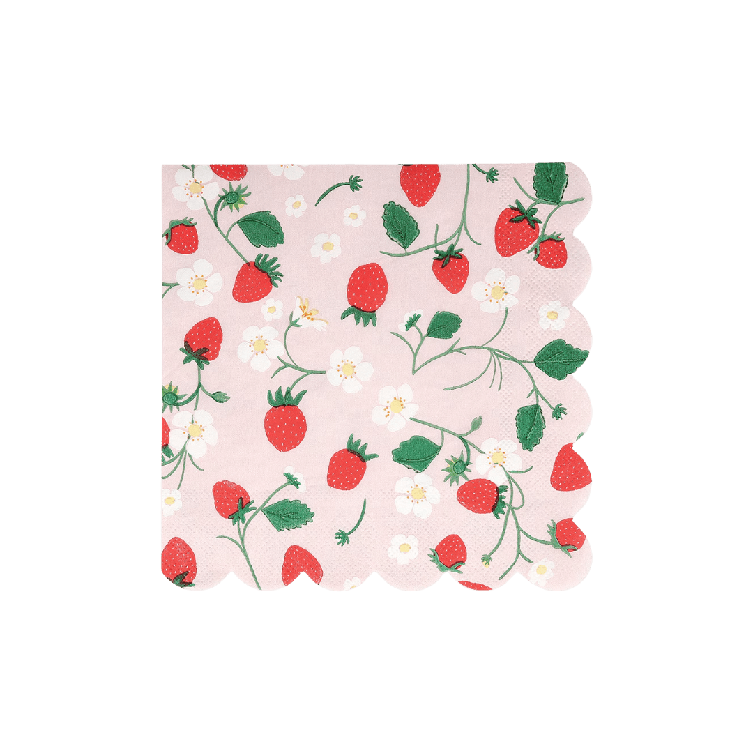 Pink strawberry floral napkin with scalloped edge spring picnic from Parte Haus party supply store in Bethesda Maryland