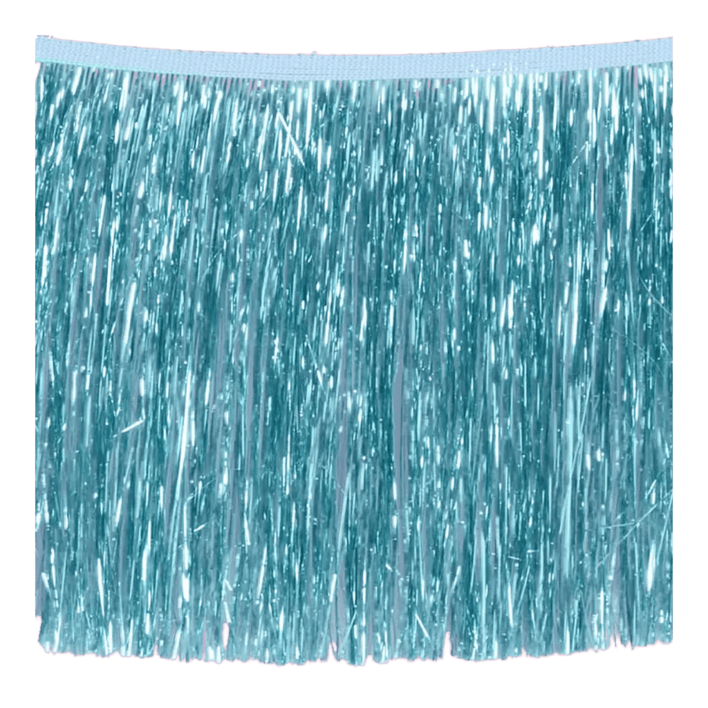 Blue metallic fringe curtain backdrop perfect for birthday from Parte Haus party supply store in Bethesda Maryland
