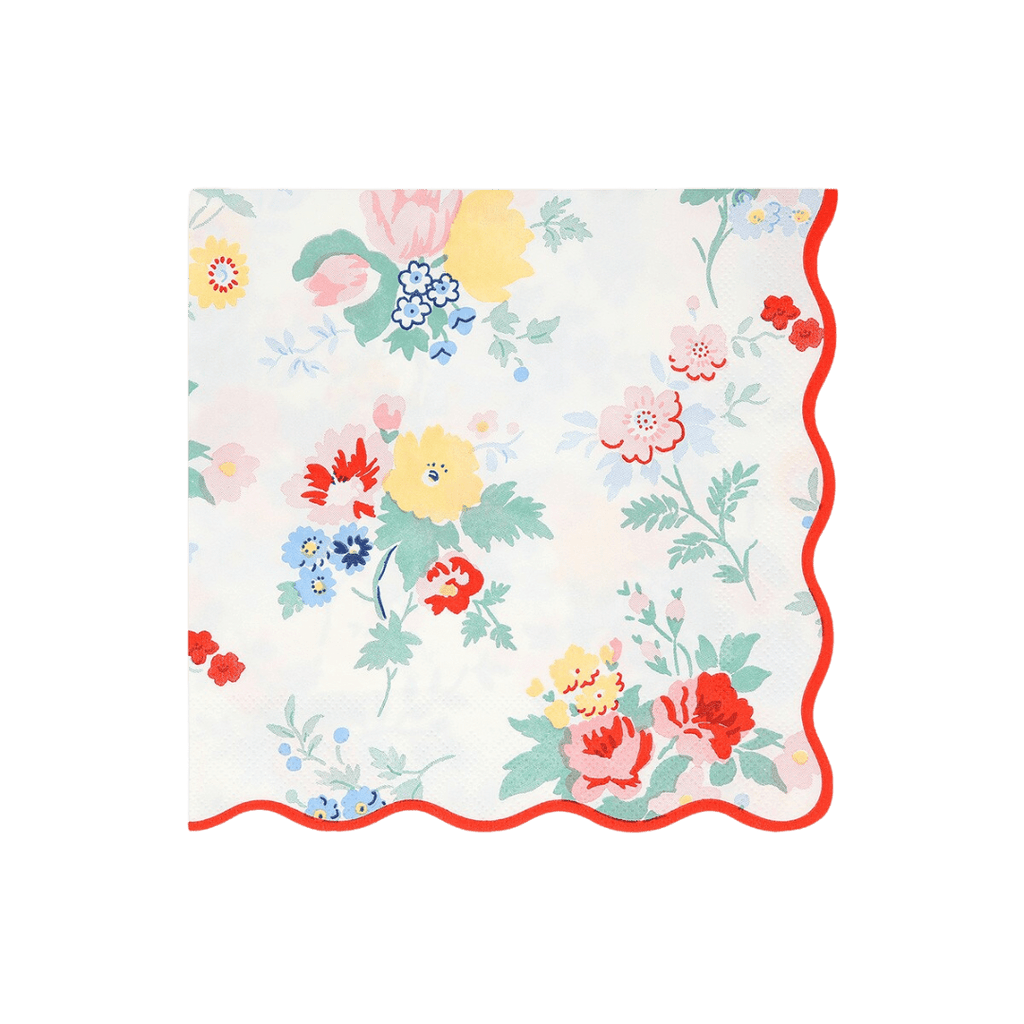 Multicolor floral napkin with scalloped red edge spring garden theme from Parte Haus party supply store in Bethesda MD