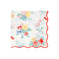 Multicolor floral napkin with scalloped red edge spring garden theme from Parte Haus party supply store in Bethesda MD