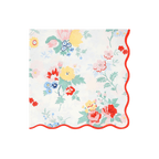 Multicolor floral napkin with scalloped red edge spring garden theme from Parte Haus party supply store in Bethesda MD