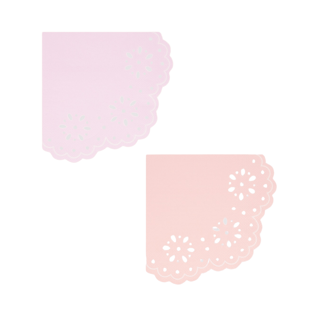 Pink and peach napkins with scalloped lace edges for birthday from Parte Haus party supply store in Bethesda MD.