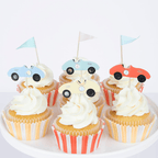 Multicolor race car cupcake toppers on vanilla cupcakes birthday theme from Parte Haus party supply store in Bethesda Maryland