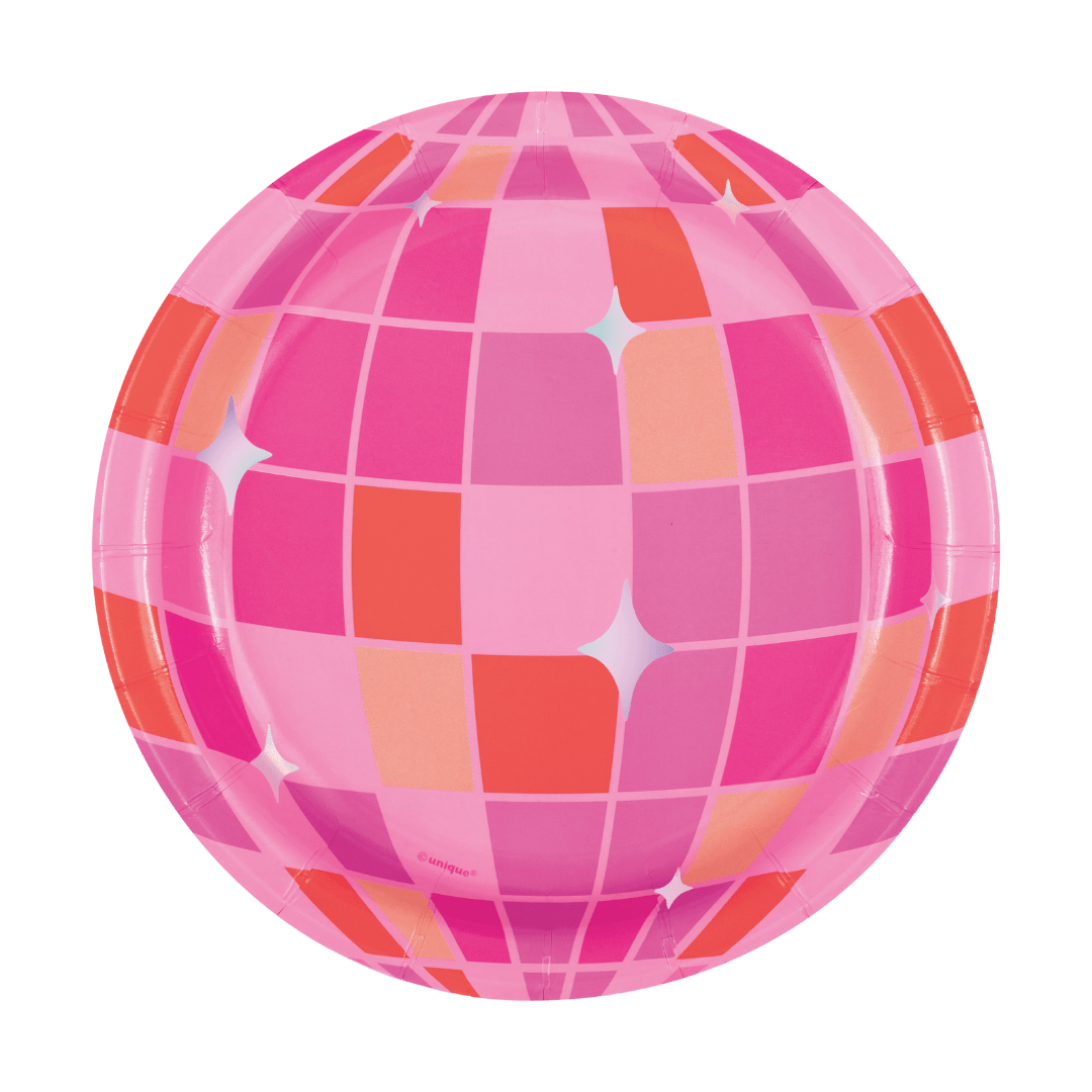 Pink disco ball paper plate with shiny square pattern disco theme from Parte Haus party supply store in Bethesda MD