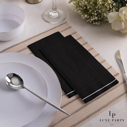 Black napkin elegant table setting dinner theme from Parte Haus party supply store in Bethesda Maryland