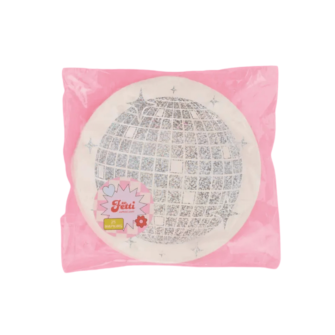 Silver disco ball napkins fun glittery design for celebration theme from Parte Haus party supply store in Bethesda Maryland