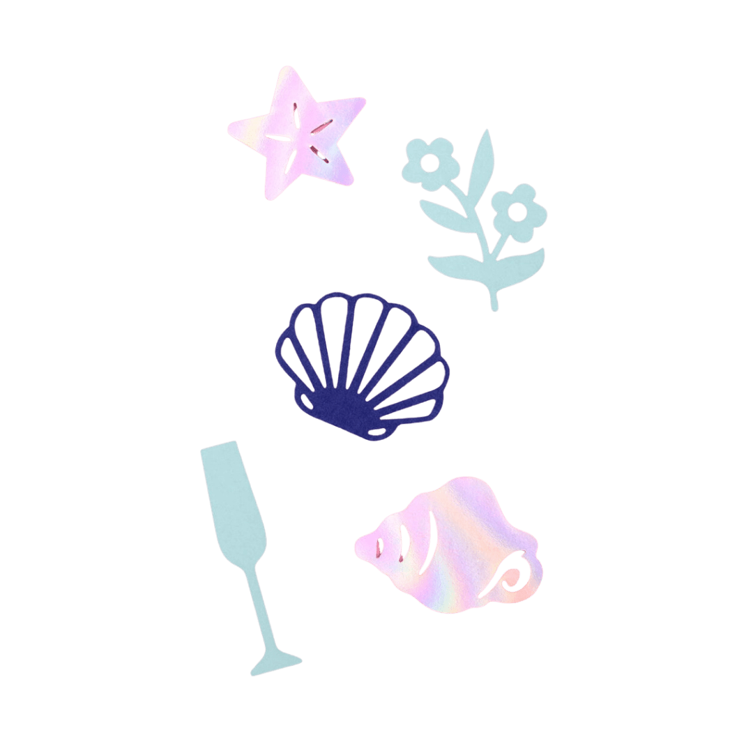 Iridescent custom confetti shapes with seashells flowers and champagne theme from Parte Haus party supply store in Bethesda Maryland