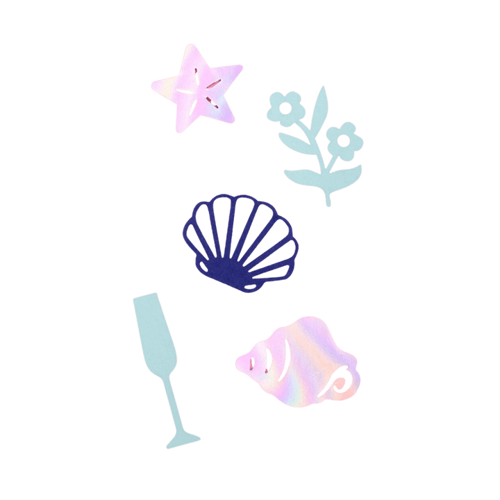 Iridescent custom confetti shapes with seashells flowers and champagne theme from Parte Haus party supply store in Bethesda Maryland