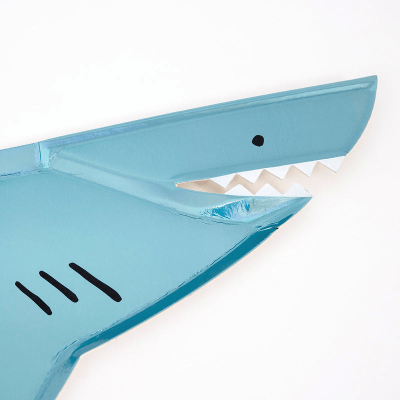 Blue shark shaped plate with fin and teeth ocean theme from Parte Haus party supply store in Bethesda MD