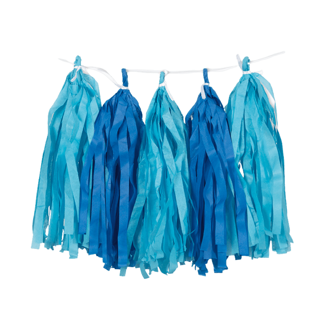 Blue and teal tassel garland hanging decoration birthday from Parte Haus party supply store in Bethesda MD