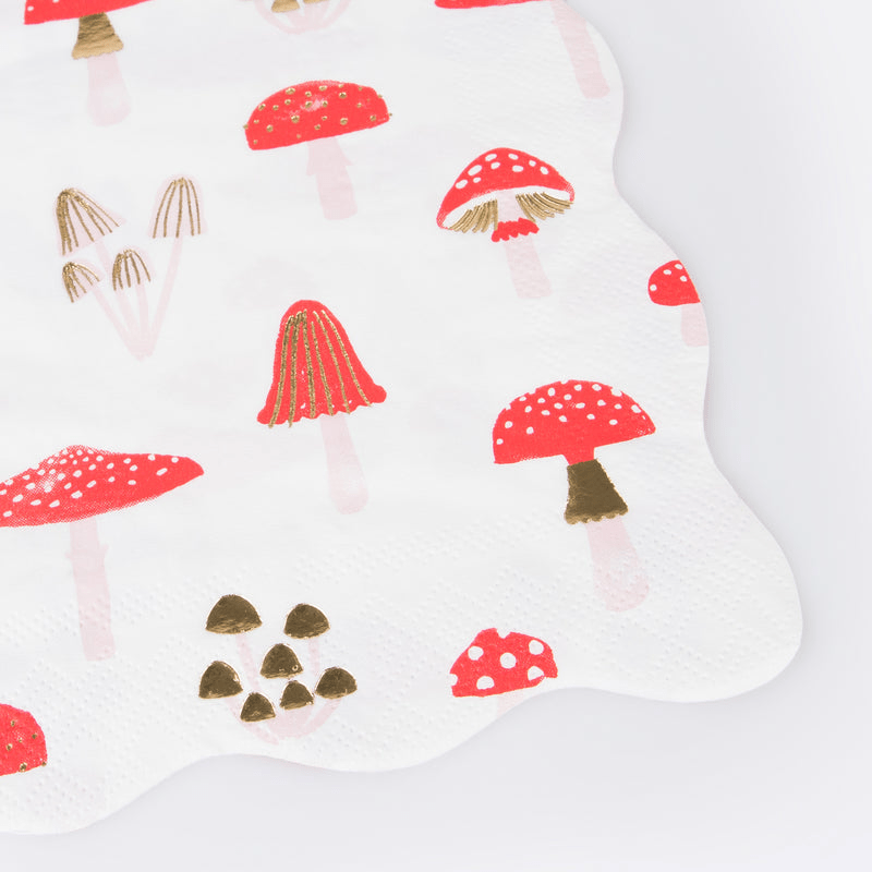 Red mushroom napkin with gold accents whimsical woodland theme from Parte Haus party supply store in Bethesda MD