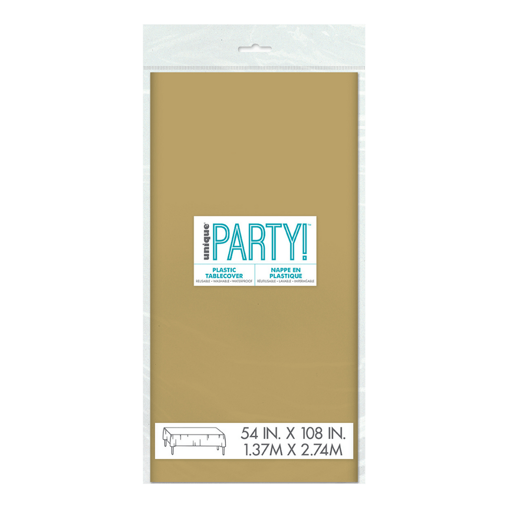 Gold plastic tablecover in packaging celebration decor from Parte Haus party supply store in Bethesda Maryland