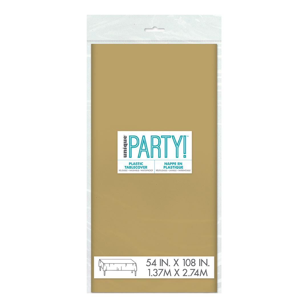Gold plastic tablecover in packaging celebration decor from Parte Haus party supply store in Bethesda Maryland