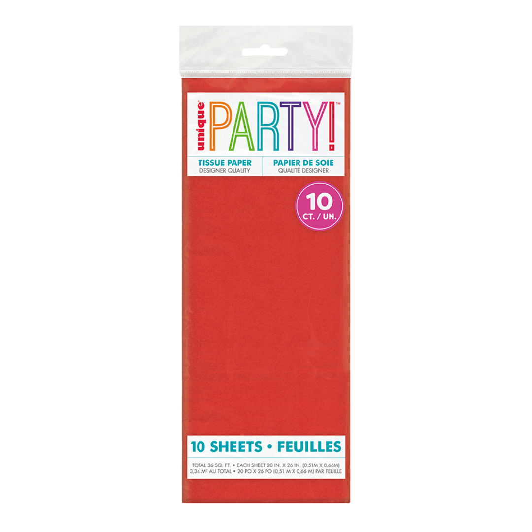 Red tissue paper pack with ten sheets birthday theme from Parte Haus party supply store in Bethesda MD