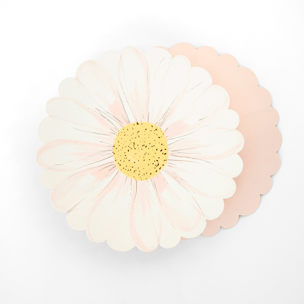 Pastel daisy flower paper plate with yellow center spring theme from Parte Haus party supply store in Bethesda MD