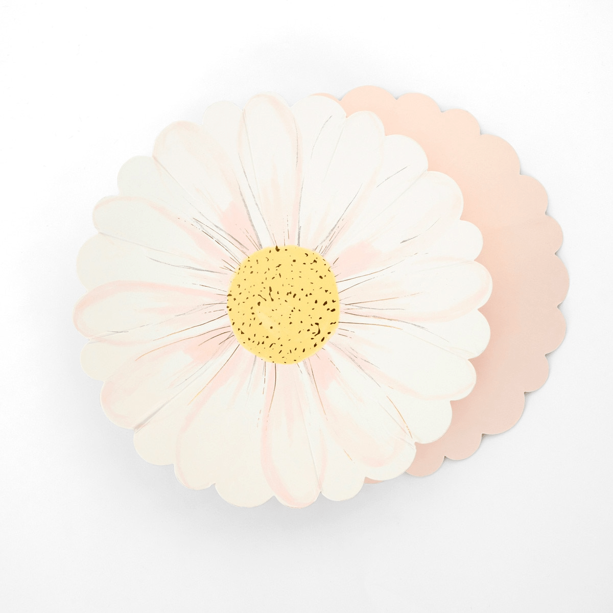 Pastel daisy flower paper plate with yellow center spring theme from Parte Haus party supply store in Bethesda MD