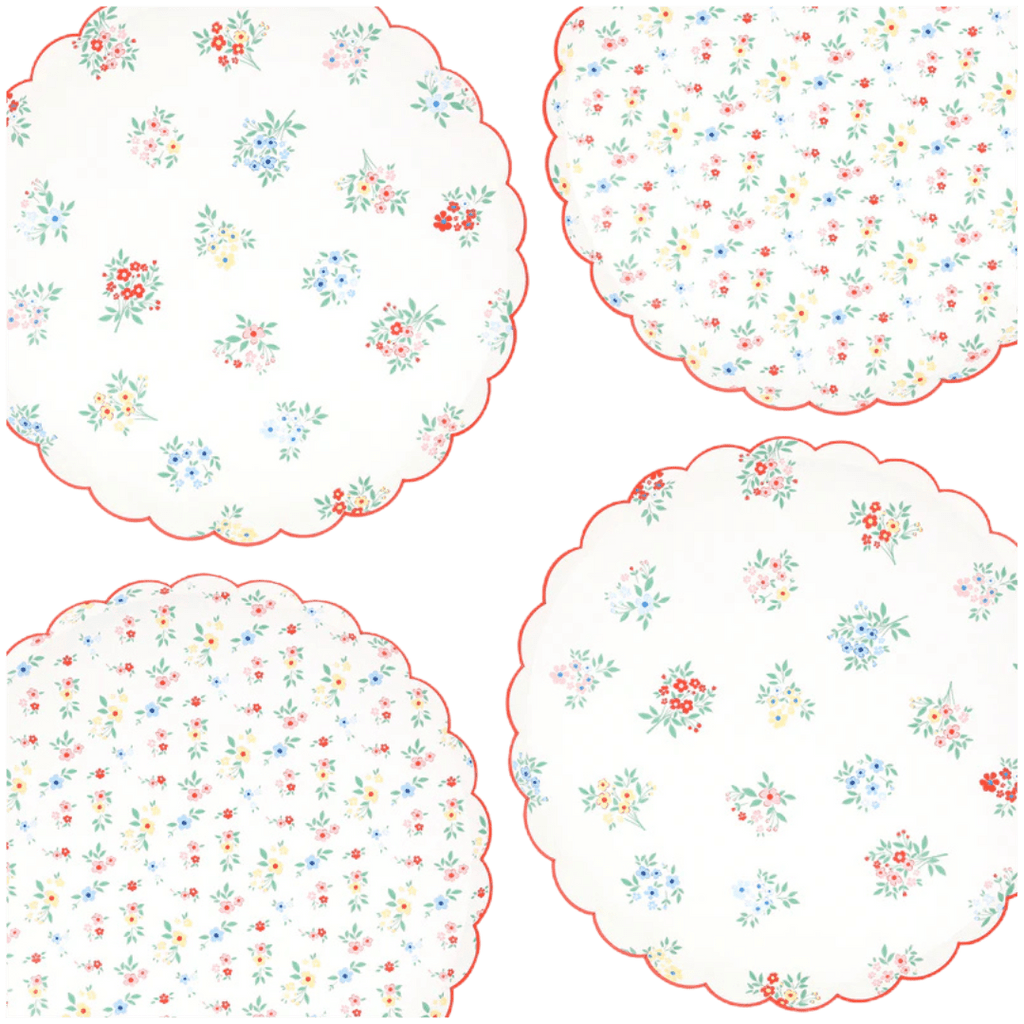 White floral paper plates with scalloped red edges for spring from Parte Haus party supply store in Bethesda MD