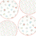White floral paper plates with scalloped red edges for spring from Parte Haus party supply store in Bethesda MD
