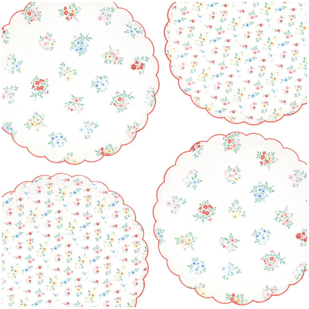 White floral paper plates with scalloped red edges for spring from Parte Haus party supply store in Bethesda MD