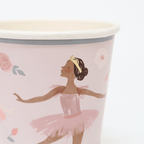 Pink paper cup with ballerina and floral design ballet birthday theme from Parte Haus party supply store in Bethesda MD