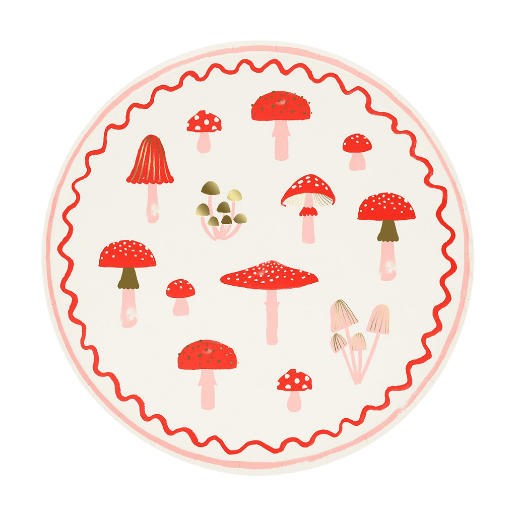 Red mushroom paper plate with whimsical fungi illustration woodland theme from Parte Haus party supply store in Bethesda MD