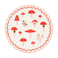 Red mushroom paper plate with whimsical fungi illustration woodland theme from Parte Haus party supply store in Bethesda MD