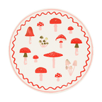 Red mushroom paper plate with whimsical fungi illustration woodland theme from Parte Haus party supply store in Bethesda MD