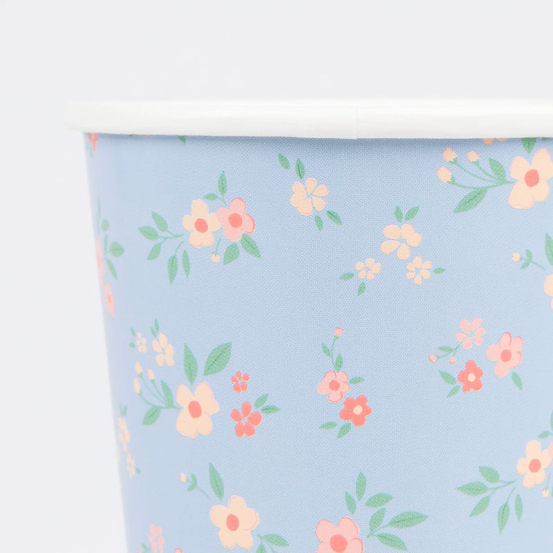 Light blue floral paper cup with pastel flowers spring theme from Parte Haus party supply store in Bethesda Maryland