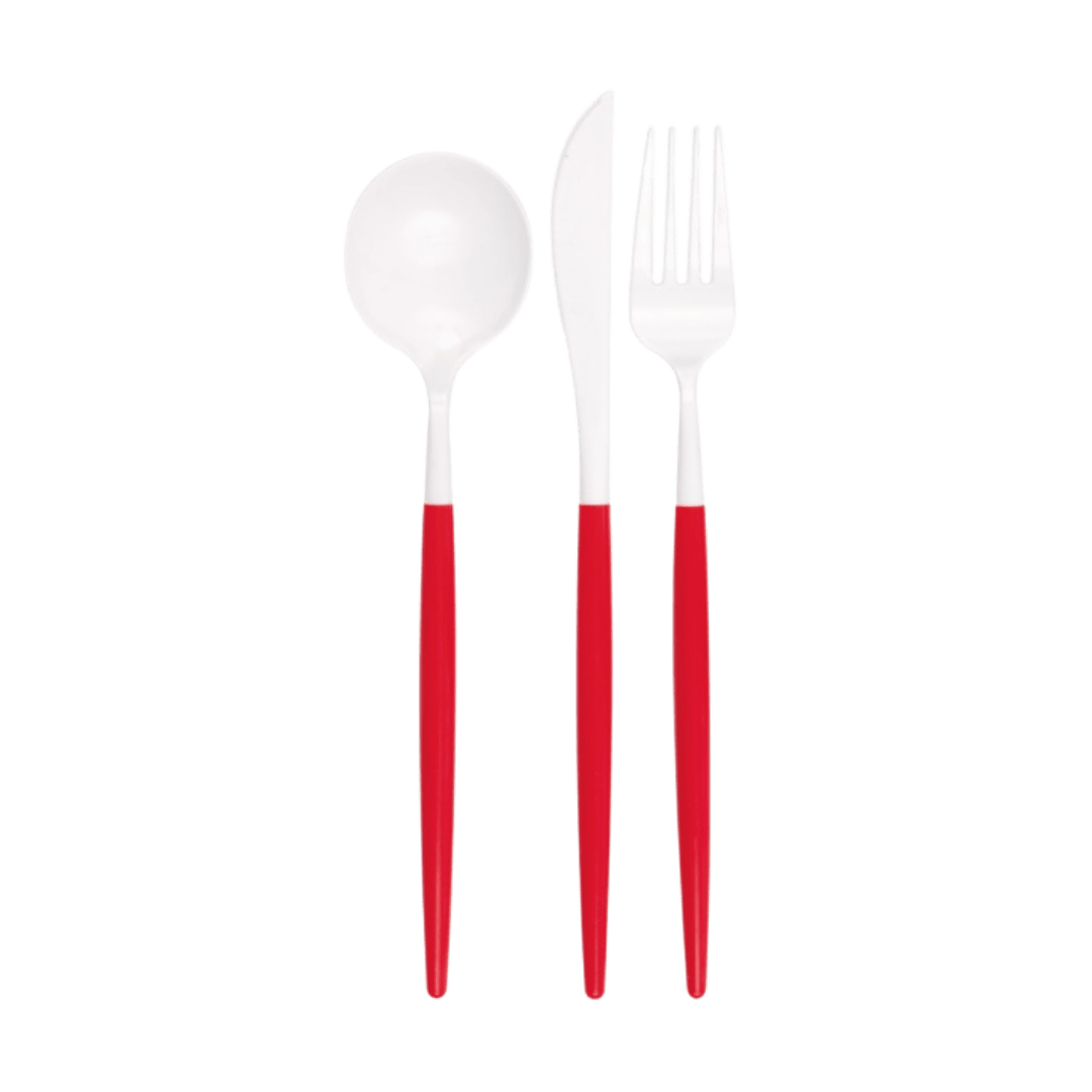 Red and white cutlery set with sleek modern design holiday theme from Parte Haus party supply store in Bethesda Maryland