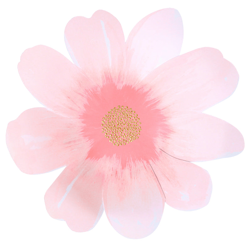 Pink flower-shaped plate with gold accents floral theme from Parte Haus party supply store in Bethesda MD.