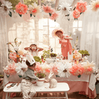 Peach and white floral kids table decor with bunny props Easter theme from Parte Haus party supply store in Bethesda MD