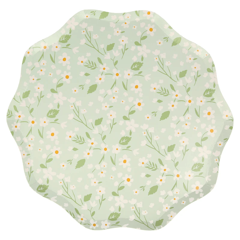 Mint green floral scalloped plate with white and yellow flowers for spring events from Parte Haus party supply store in Bethesda MD.