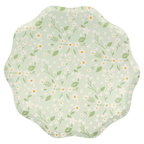 Mint green floral scalloped plate with white and yellow flowers for spring events from Parte Haus party supply store in Bethesda MD.