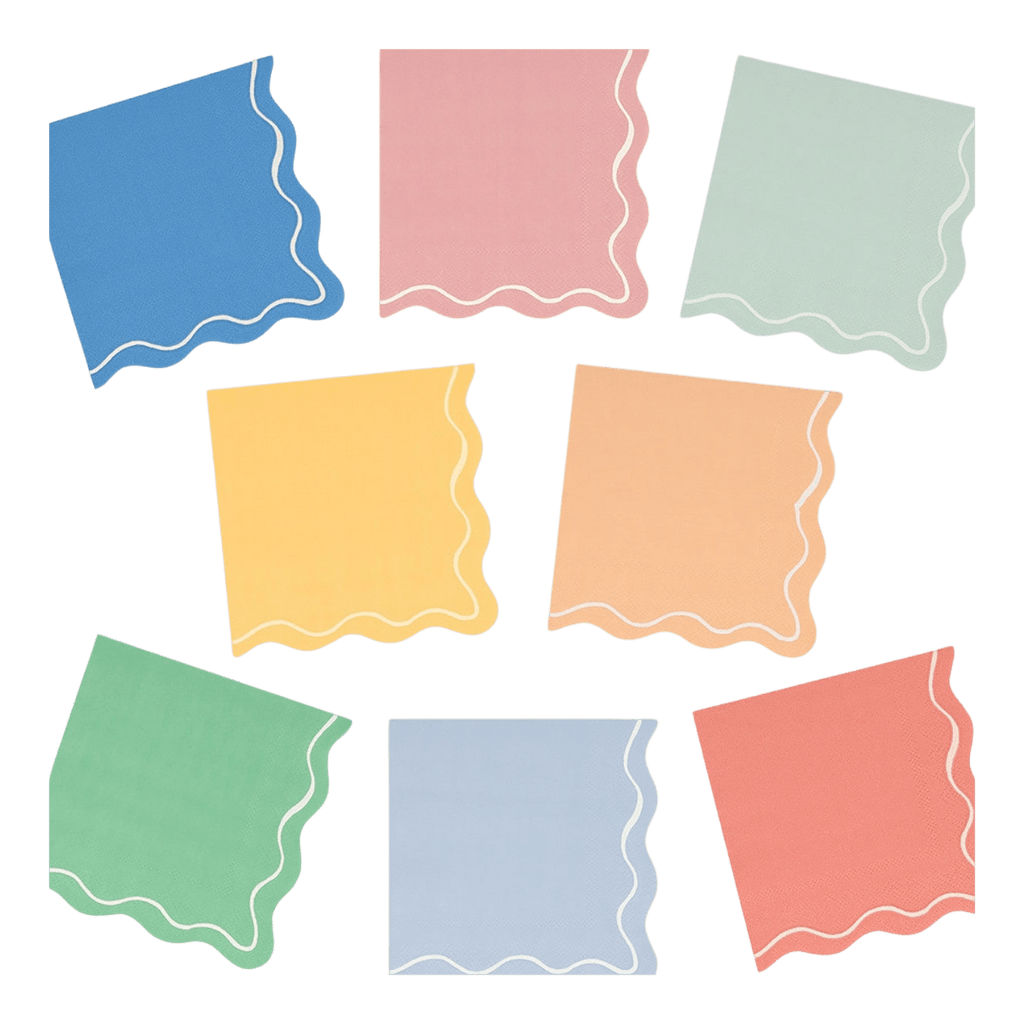 Pastel color scalloped napkins decorative square napkin set birthday theme from Parte Haus party supply store in Bethesda Maryland